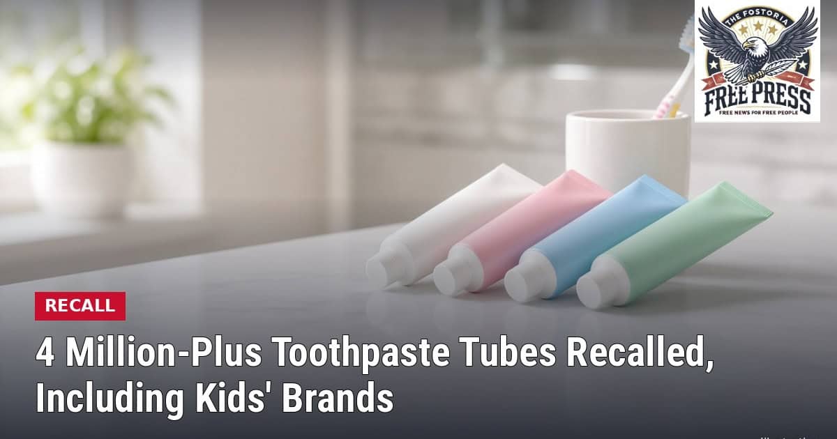 Fostoria News Four toothpaste tubes in different colors on a bathroom counter with Fostoria Free Press logo.